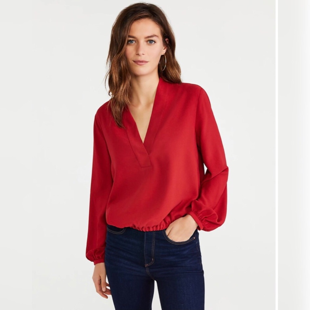 Ann Taylor Cinched Waist Long Sleeve Top Deep Red